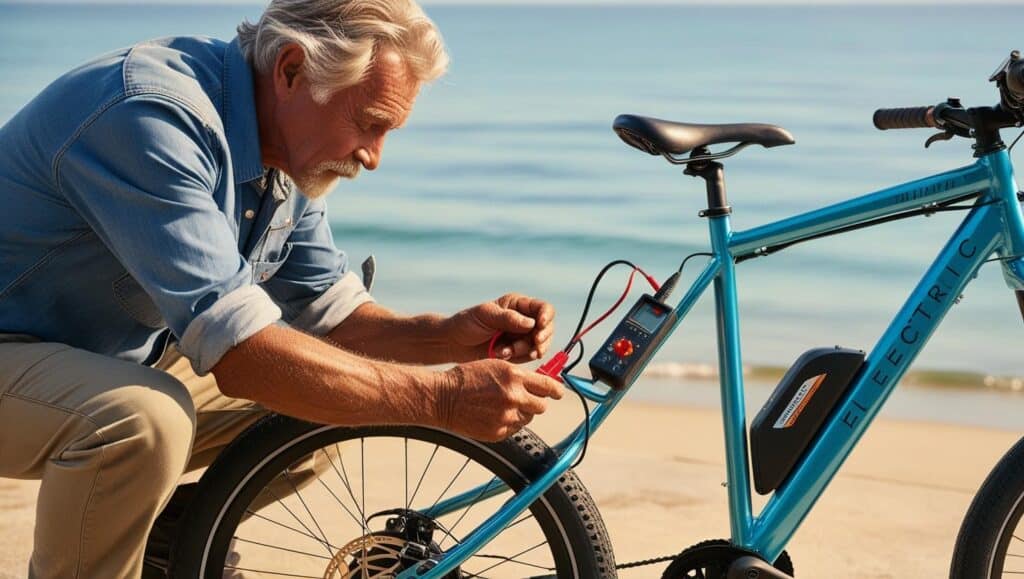Dépannage rapide : 10 solutions pour les pannes courantes de vélos électriques. 2 Un senior depanne son velo electrique en bord de mer avec un jeu de cles Allen et un multimetre pour tester les circuits electriques